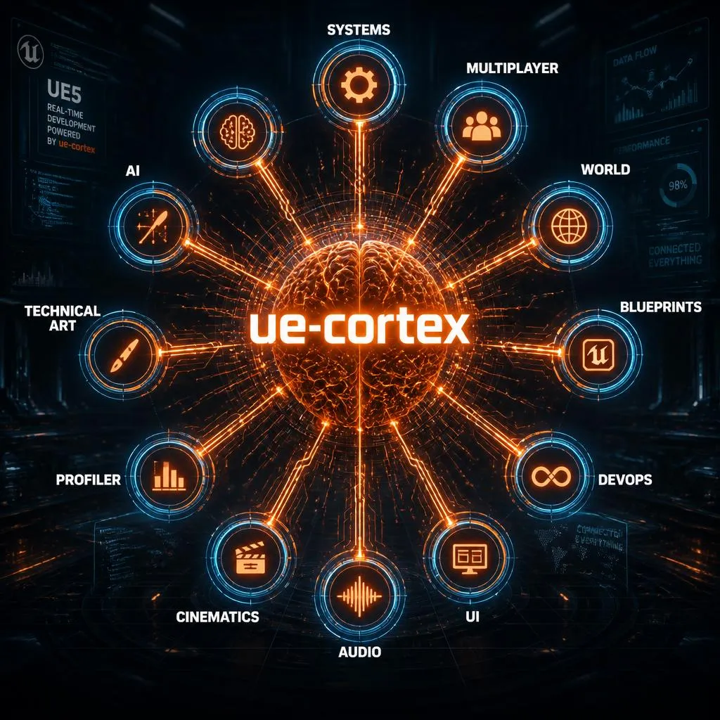 Illustration: the ue-cortex core connected to eleven specialist agents: systems, multiplayer, world, blueprints, devops, UI, audio, cinematics, profiler, technical art and AI
