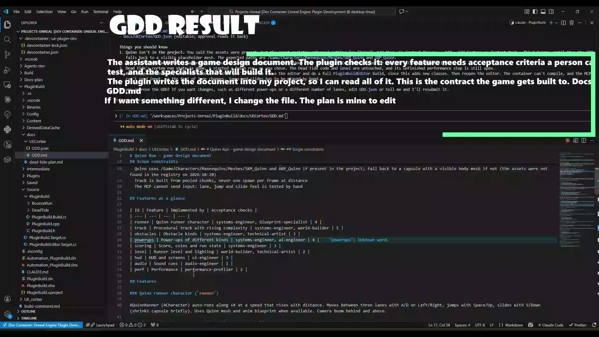 Docs/UECortex/GDD.md open in the editor next to the assistant: a features table listing each feature, the agents that implement it and its number of acceptance checks