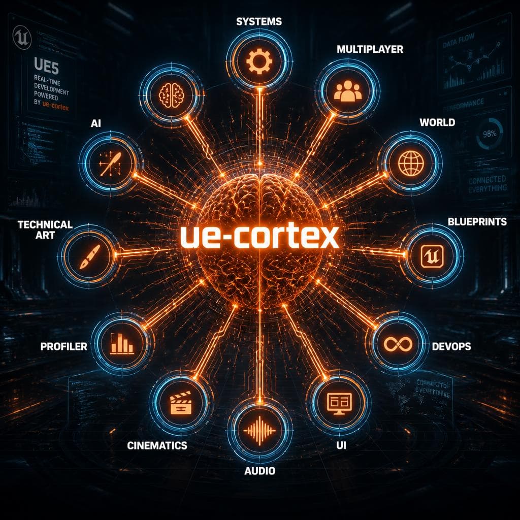 ue-cortex concept illustration: eleven specialist agents connected to a central orchestrator